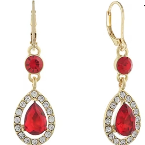Monet Red and White Stone Pear Drop Earrings - Picture 1 of 1